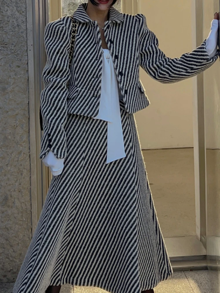 

Женский твидовый костюм-джат с объемными песками, комплект с юбкой с завышенной талией и высокой талией, облегающий крой, модный узор в полоску