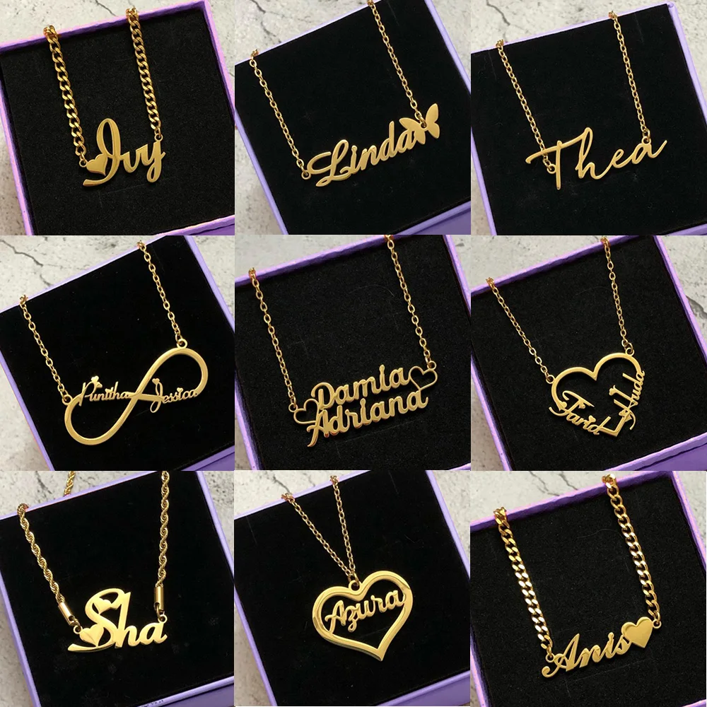 

Personalized Custom Name Necklace With Heart Butterfly Gold Color Stainless Steel Chain Handmade Nameplate Jewelry Best Gifts