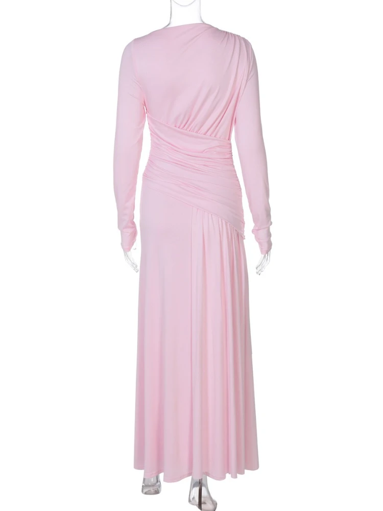 FDYOUI Frau Langarm Hohe Taille Rosa Urlaub Kleid Damen Tuniken Geraffte Lange Maxi Geburtstag Party Kleider Abend Abendkleid