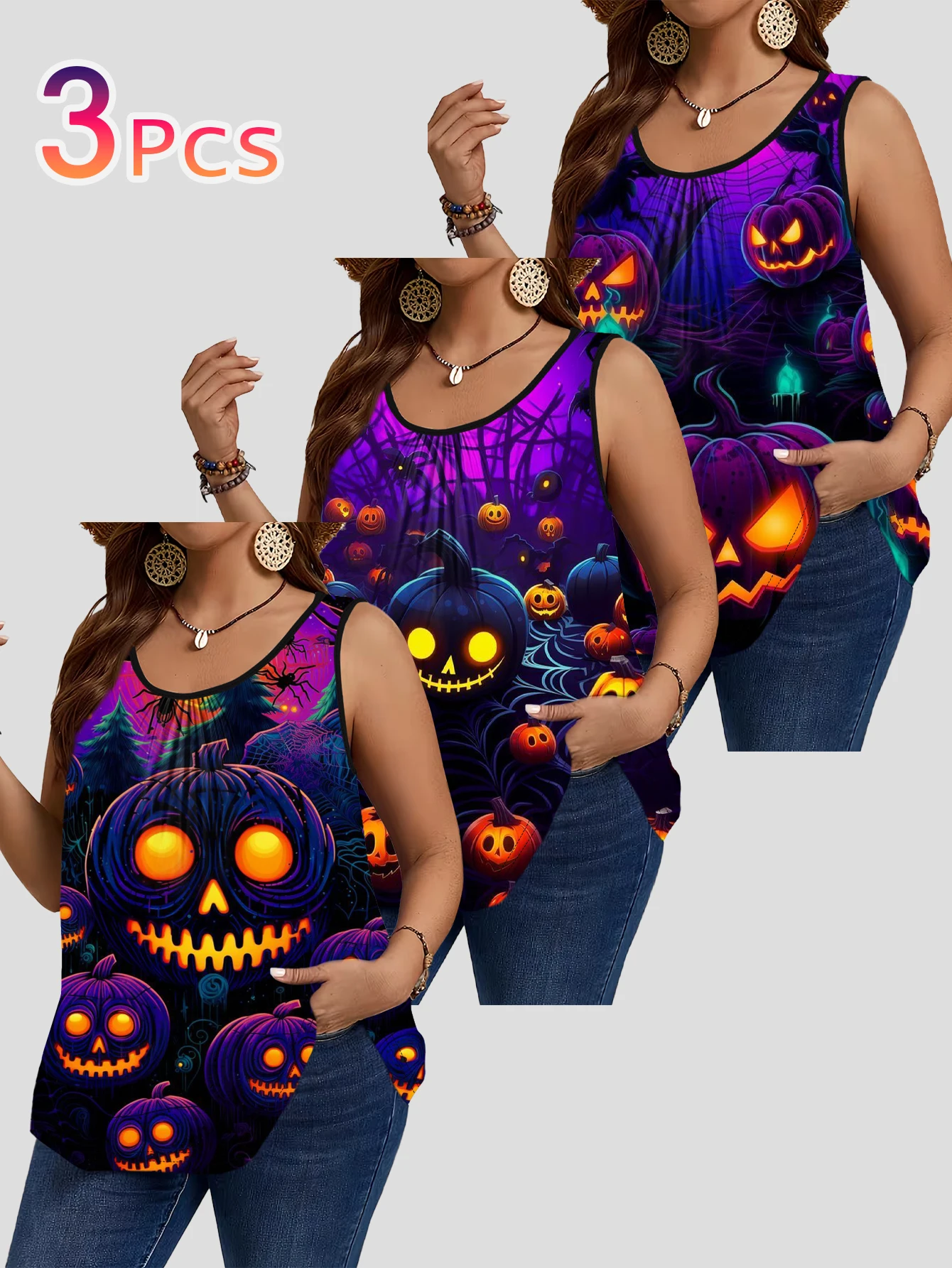 Pumpkin Lantern Halloween - ハロウィーンをテーマにした、暗闇で光るネオンカラーのカボチャのランタンと蜘蛛の巣のプリントが施された、ゆったりとした袖なしトップスの3点セット（プラスサイズ女性用）。