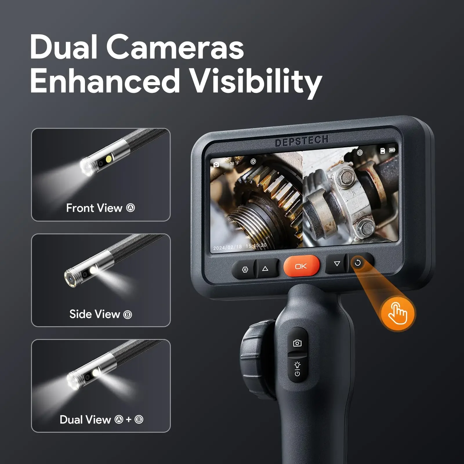 DEPSTECH DS650-DL-1.5M 1080P Endoscope, 4.5-inch IPS Screen, Two-Way 210° Articulating, 8.5mm Dual Lens, 1.5X Zoom, 32GB TF Card image 3