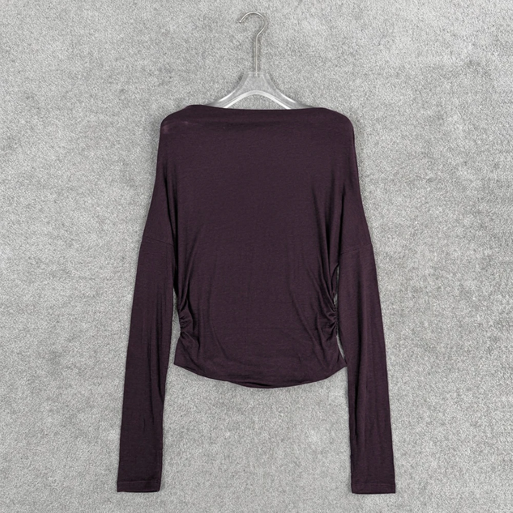 Women Wool Blend Long Sleeve T-Shirt Boat Neck Ruched Side Slim Fit Knit Top Basic Casual Tee New Summer 2026 Y2K Collection