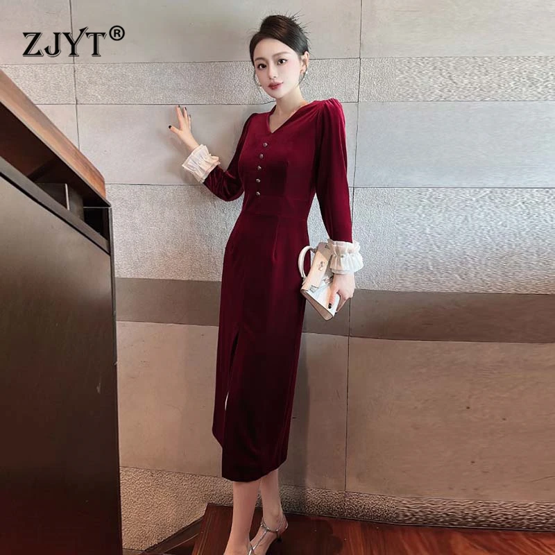 

ZJYT Autumn Fashion Vintage Midi Velvet Dresses for Women 2024 Designer Long Sleeve V Neck Party Formal Occasion Dress Vestidos