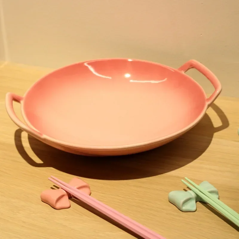 Round Pink Binaural Plates Set for Girls Monochrome Tableware Web Celebrity Home Kitchen Stylish Ins