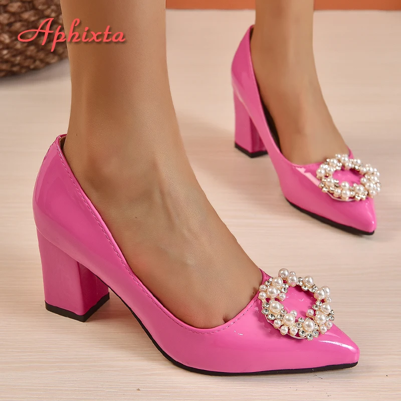 Aphixta nuovo 7cm tacco quadrato Baby Pink Pearl Crystals fibbia in pelle verniciata décolleté da donna Officile scarpe a punta Big Size 50