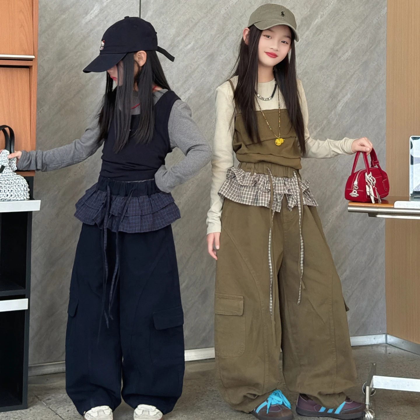 Fashionable Children's Clothing Girls Set Long Sleeve Fake two-piece Top + Ruffle Plaid Splice Wide Leg Cargo Pants Kids Outfits