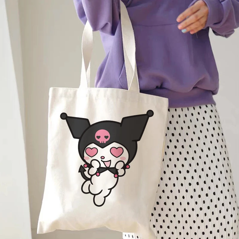 Kawaii Harajuku Kuromi Tote Bag Shopper Canvas Shoulder Bag Eco Sanrio Casual Shopping Bag Women Tote Female