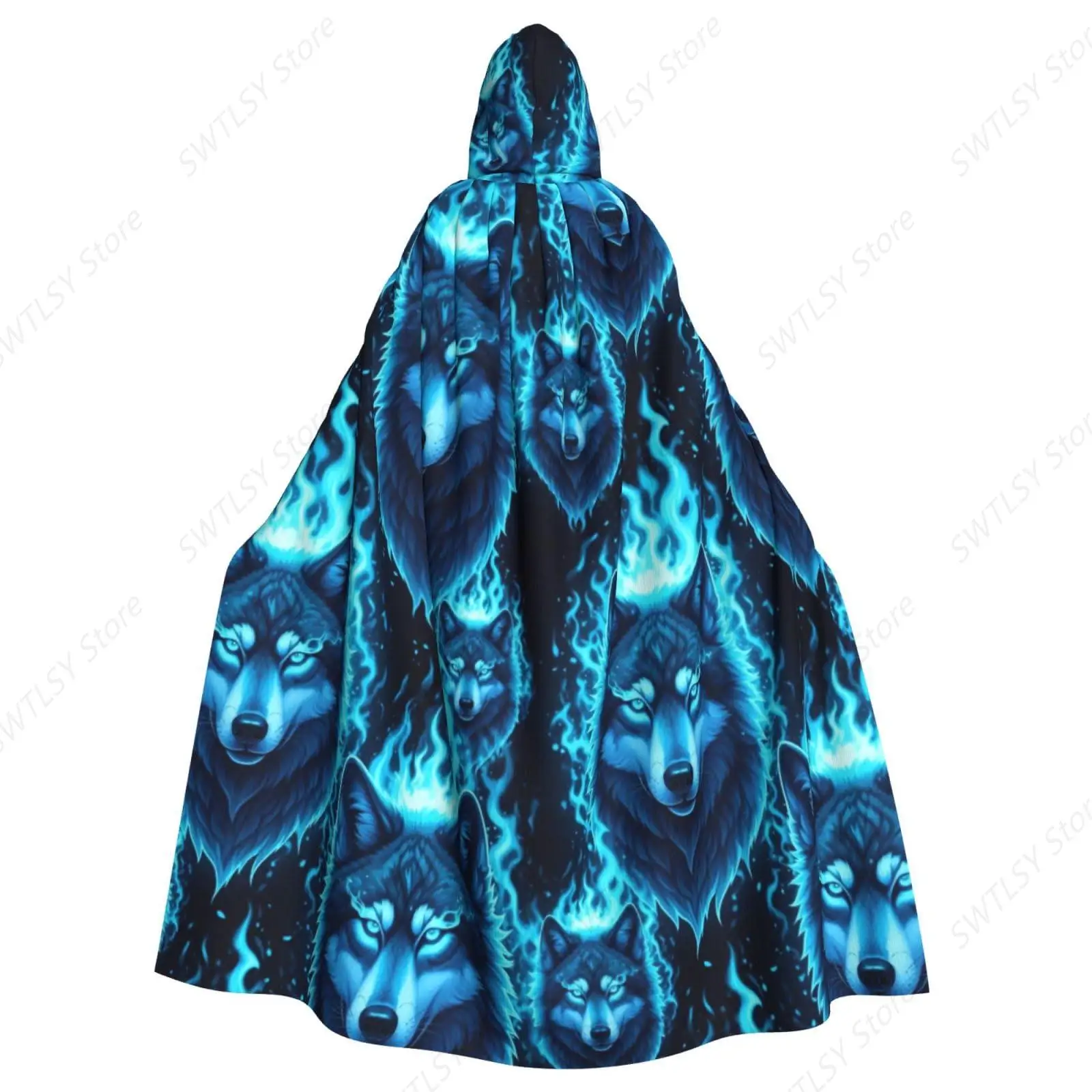 Women Men Hooded Cloak Robe Compatible with Silver Blue Fire Flame Wolf Black, Halloween Cosutme Cape Halloween Wizard Cosplay