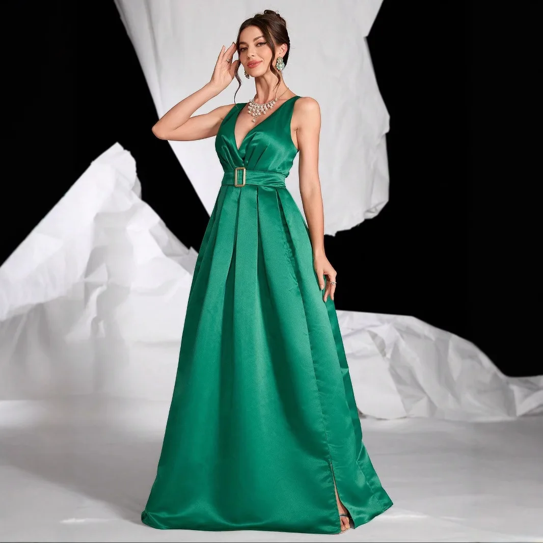 

Новое женское вечернее платье, однотонное, элегантное, с v-образным вырезом, открытой спиной, длинное, элитное платье 2021, летнее платье, халат, женское элегантное платье