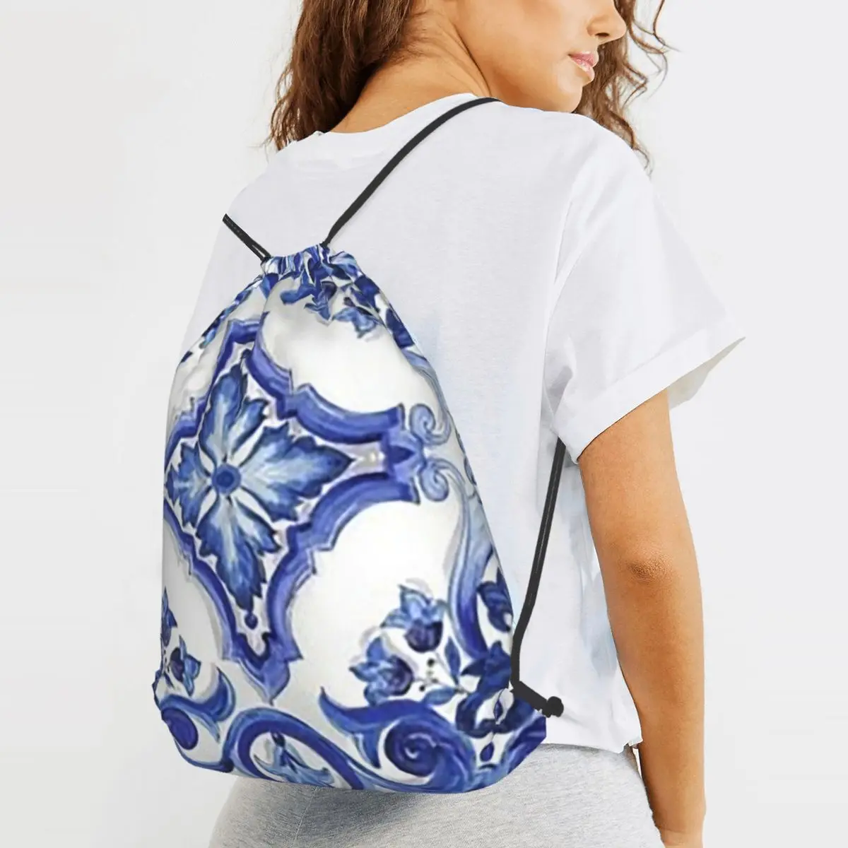 Blue Ornate Floral Mediterranean Sicilian Tile Backpacks Casual Drawstring Bundle Book Bags for Man Woman School