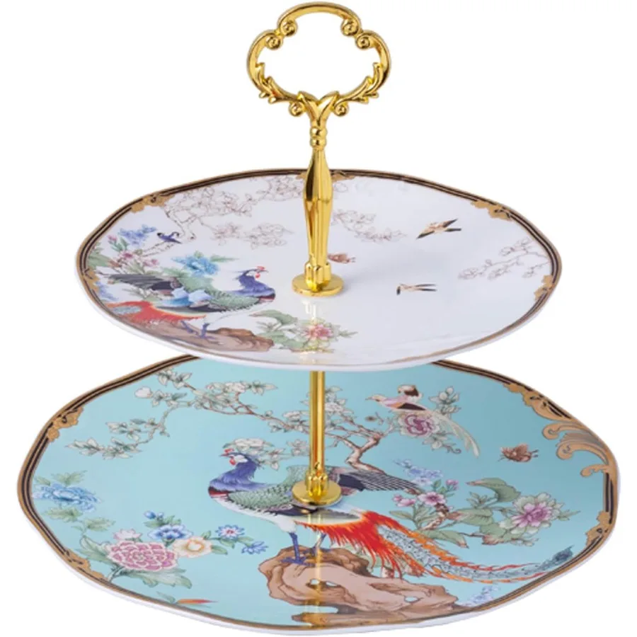 

Подставка для послеобеденного чая, фарфоровая 2-уровневая подставка для торта с винтажным цветочным дизайном из синего костяного фарфора для чайных вечеринок и десертов