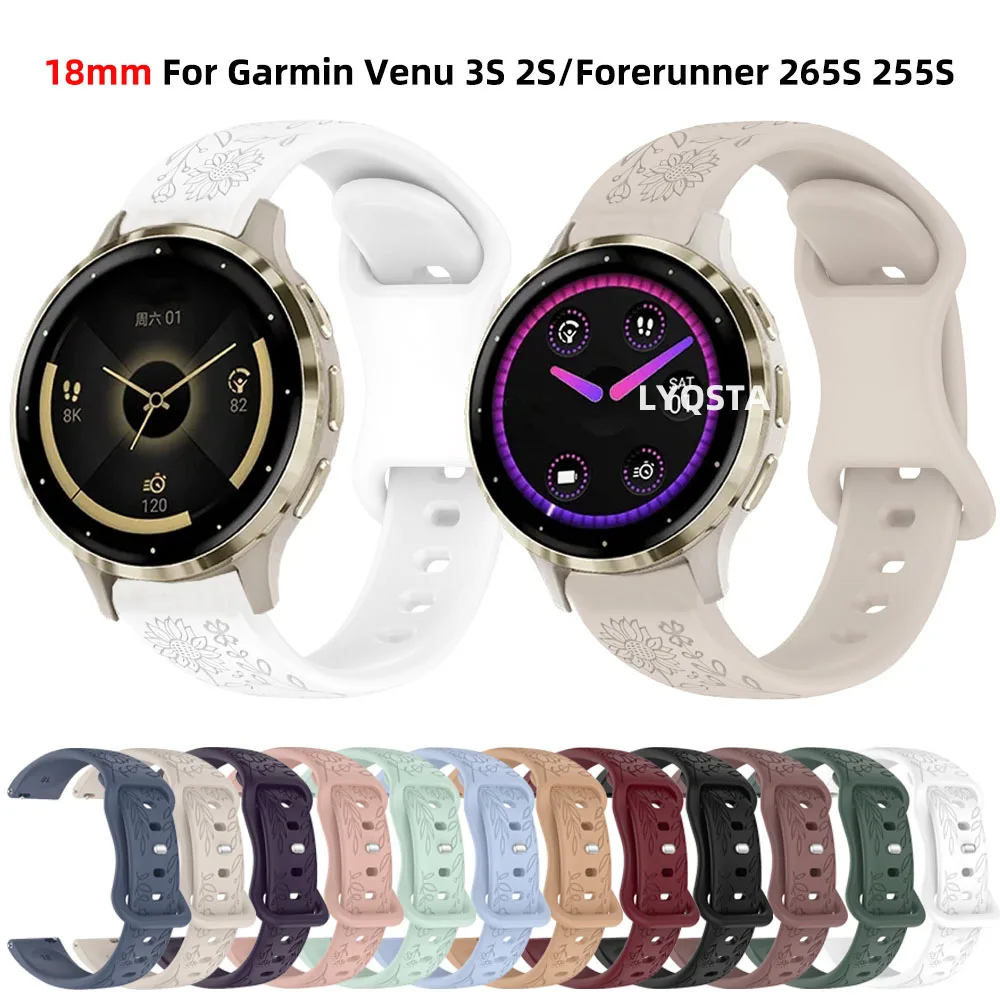 Flower Engraved 18 20mm Sport Watch Bracelet For Garmin Vivoactive 6 5 3 4S 3S Venu 3S 2S 2 Plus Strap Forerunner 255S 265S 165