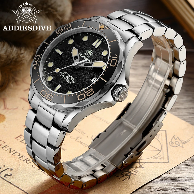 ADDIESDIVE Stainless Steel Automatic Watch NH35 Sapphire Mechanical Watch Luxury Waterproof Luminous Calendar Watches for Men