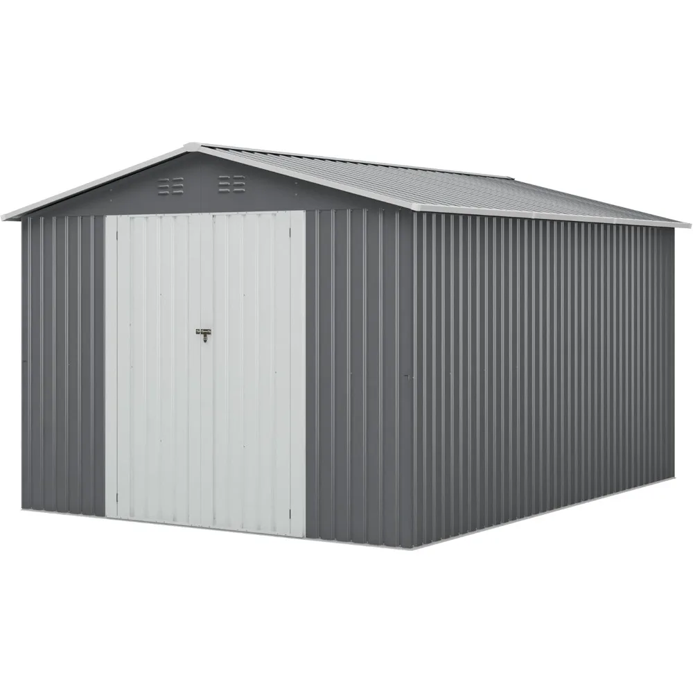 10x12 FT large metal tool shed, updated frame structure and lockable door, for use in backyard gardens, gray