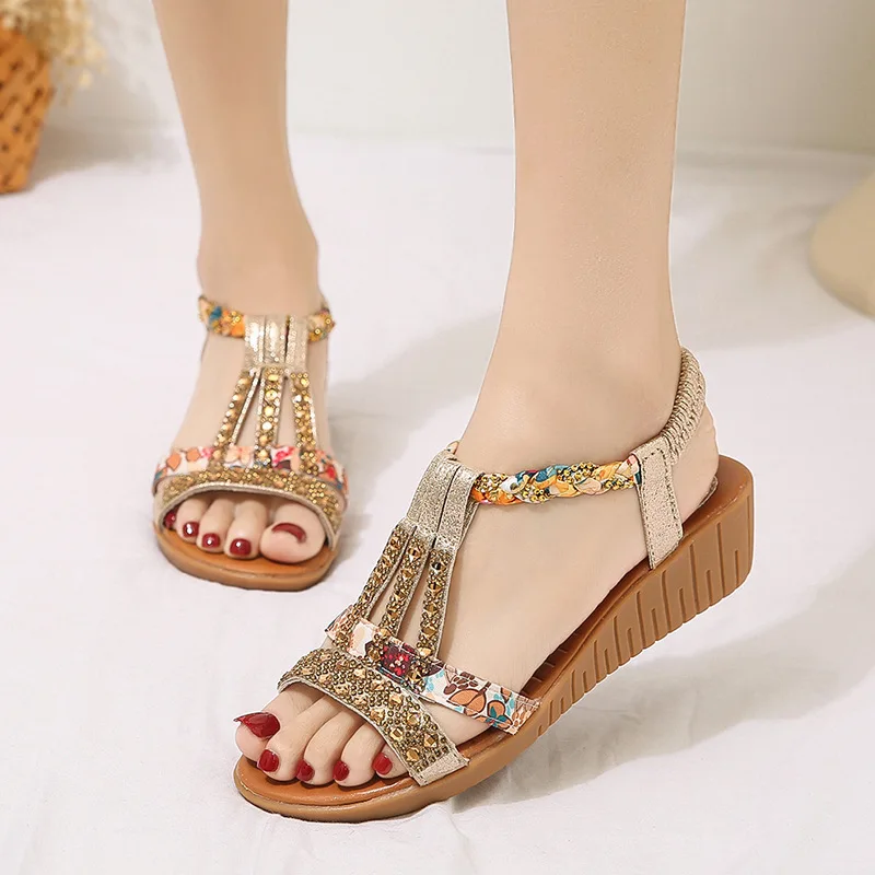 

Women Wedge Sandals Summer 2023 New Bohemia Casual High Heels Female Peep Toe Rhinestones Outdoor Beach Shoes Sandalias Slippers