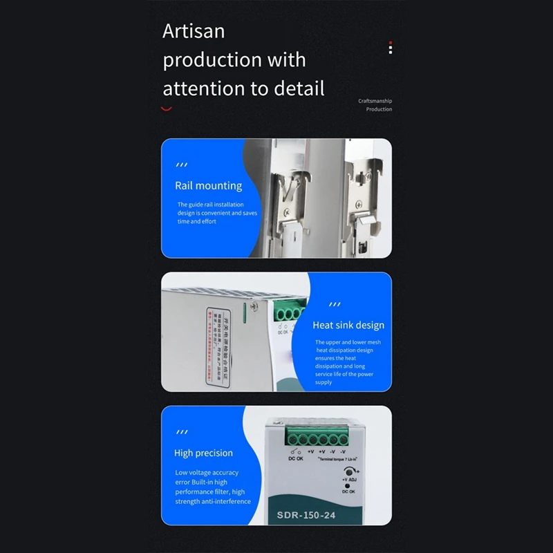 Retail SDR-150-24 Switching Power Supply 6.5A DIN-Rail Switching Power Supply With PFC Function 150% Peak Load Capability