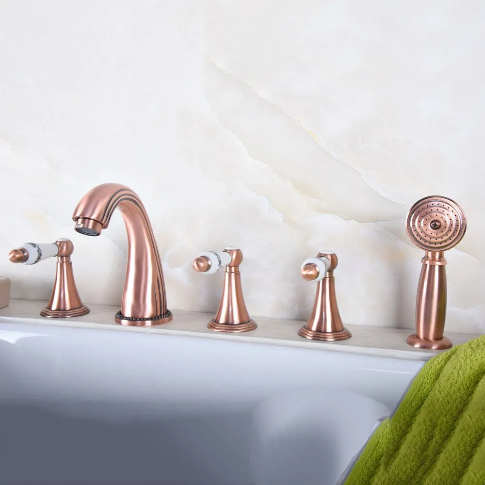

Widespread Antique Red Copper 5 Holes 3 Handles Bathroom Tub Faucet W/ Hand Shower Mixer Tap Ntf194