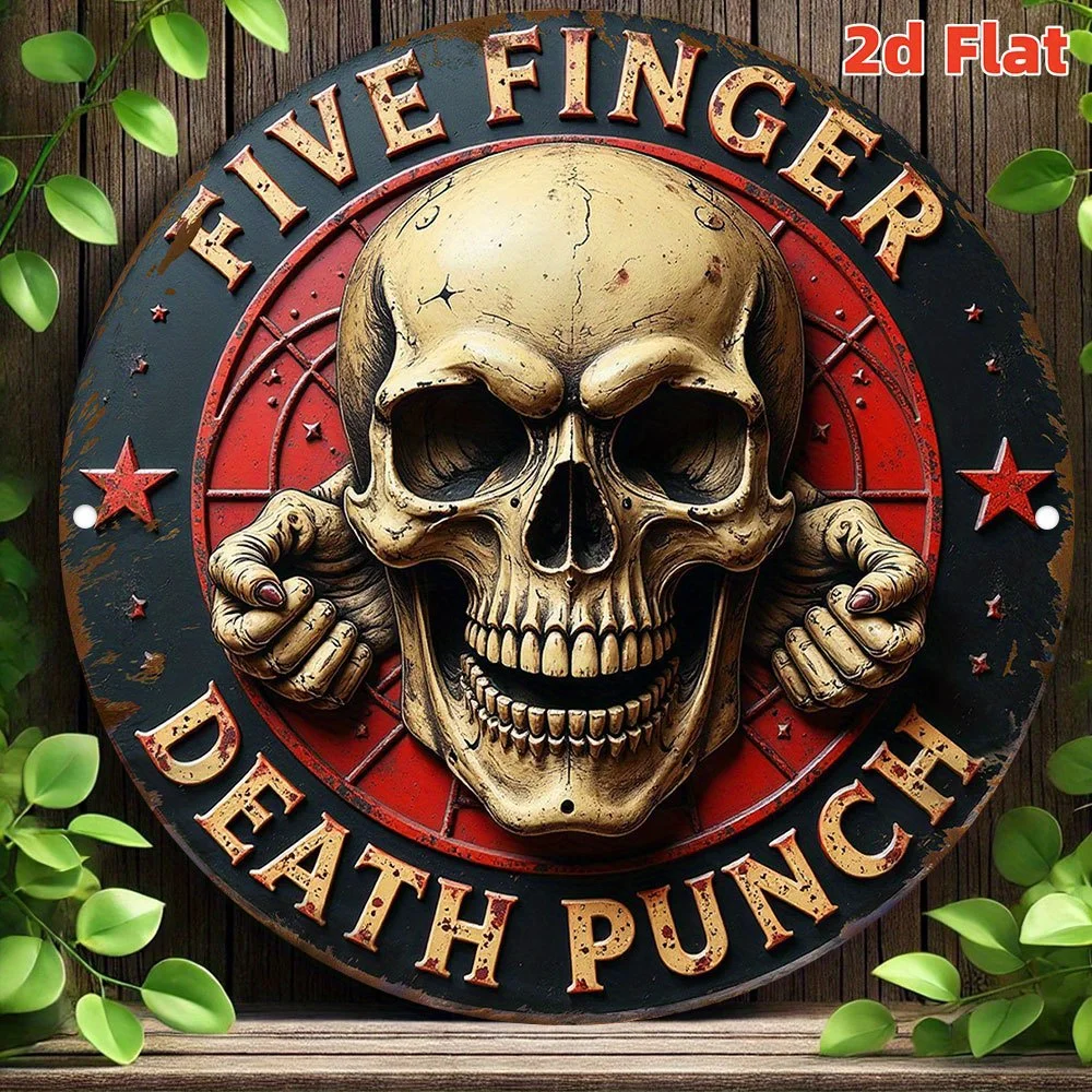 Vintage Five Finger Death Punch Totenkopf Rundes Blechschild, Retro 3D-Effekt Heavy Metal Band Totenkopf Metall-Wandkunst, Rustikale Rock-Musik Tafel