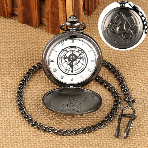 자세히 둘러보기 빈티지 블랙 풀 메탈 연금술사 석영 주머니 시계 Steampunk 인기 에드워드 엘릭 목걸이 체인 팬 코스프레 애니메이션 시계