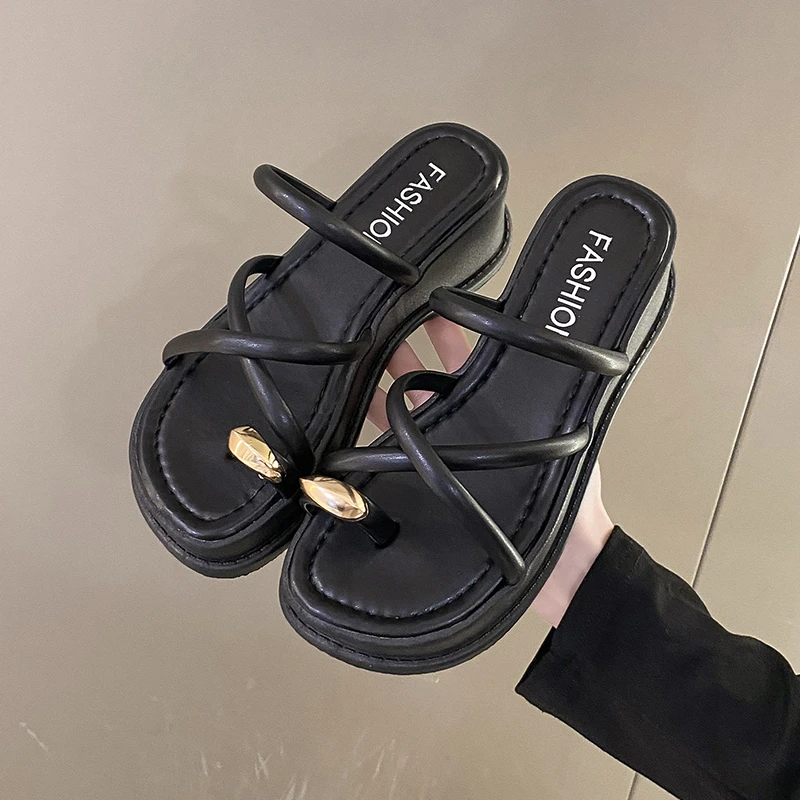 Clogs With Heel 2024 Sandals Clear Shoes Suit Female Beige Thick New Black Summer Low Comfort Girls Buckle Strap