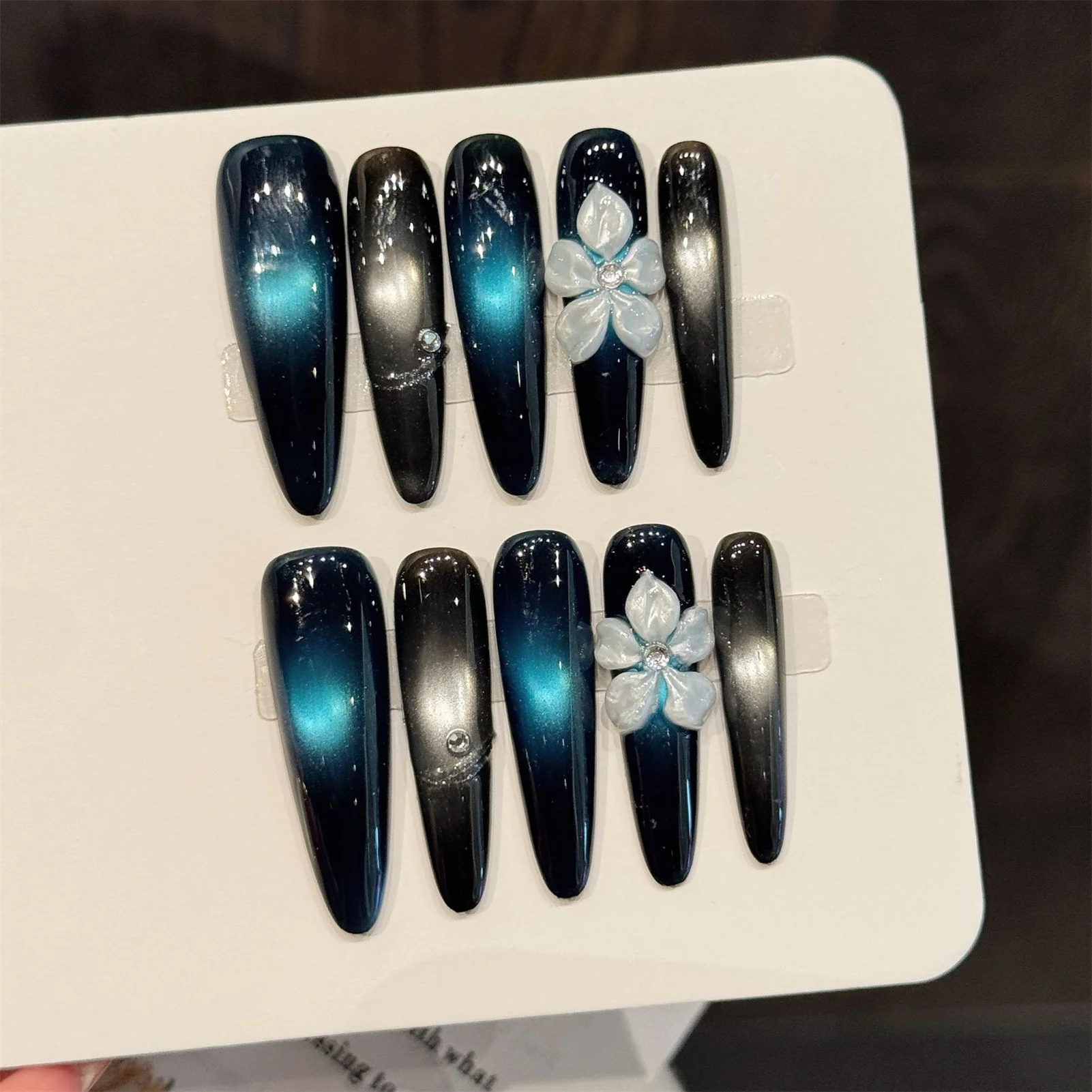10pcs Handmade Press On Nails Black Fake Nails With Starry Sky Cat's Eye Gradient Designs Wearable Fashion Glitter False Nails