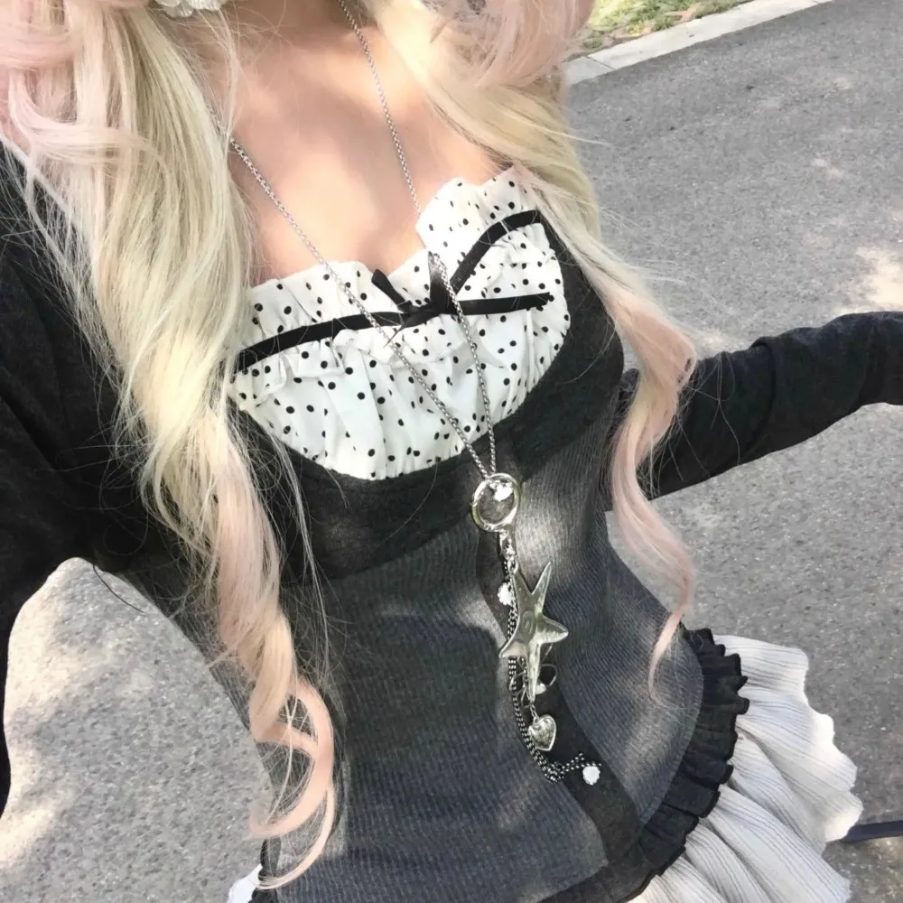 Hit Colot Dot Print Ropa mujer Long Sleeve Women's T-shirts Clothes Y2K Gothic Tops Harajuku Punk Subculture Roupas Feminina