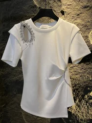 Camiseta de manga corta con purpurina de seda brillante para mujer, Top elástico blanco con cintura plisada de diamantes de uñas, camisas góticas, novedad de verano