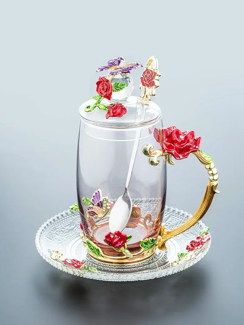 Wedding Gift Enamel Glass 320ML 350ml Water Cup Flower Tea Cups Household Set Coffee Cup Mug Beer Cup
