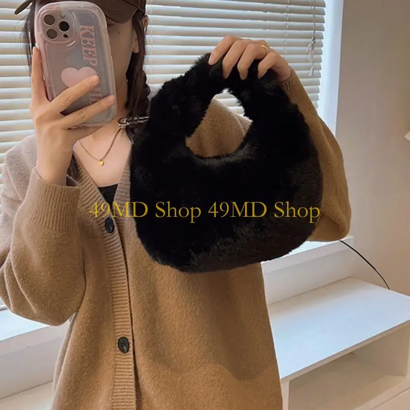 

49MD Faux Furs Handbag Fashion Plush Shoulder Bag Half Moon Purse Casual Tote Bag