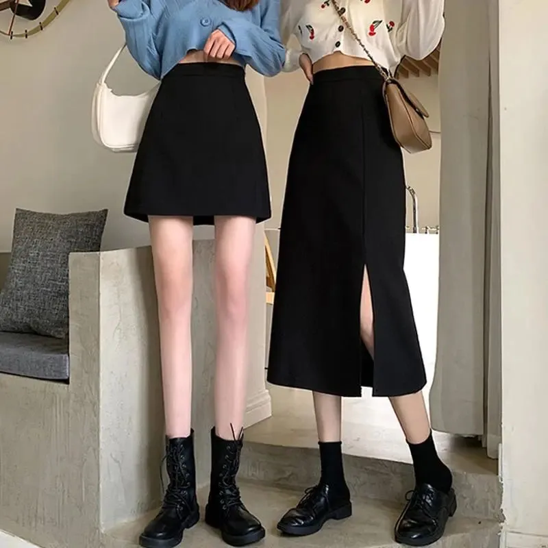 Lucyever Korean Style Mid-Calf Skirts Women College Style Black High Waist A-Line Skirt Female Streetwear Split Skirt Bottom