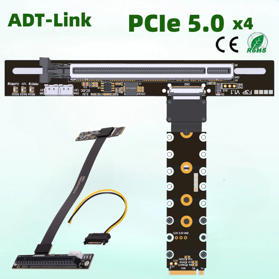 F43SP M.2 NVMe Key M SSD to PCI-E 5.0 x16 Graphics Card Extension Cable M.2 FFC 90 Angled 16x M.2 Riser Card Adapter GPU Jumpers