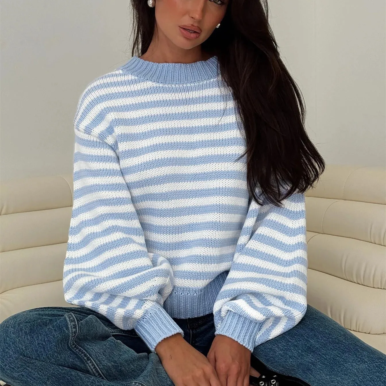 

hirigin Y2K Striped Autumn Winter Sweaters Tops for Women Long Sleeve Loose Casual Round Neck Pullovers Fashion Jumpers