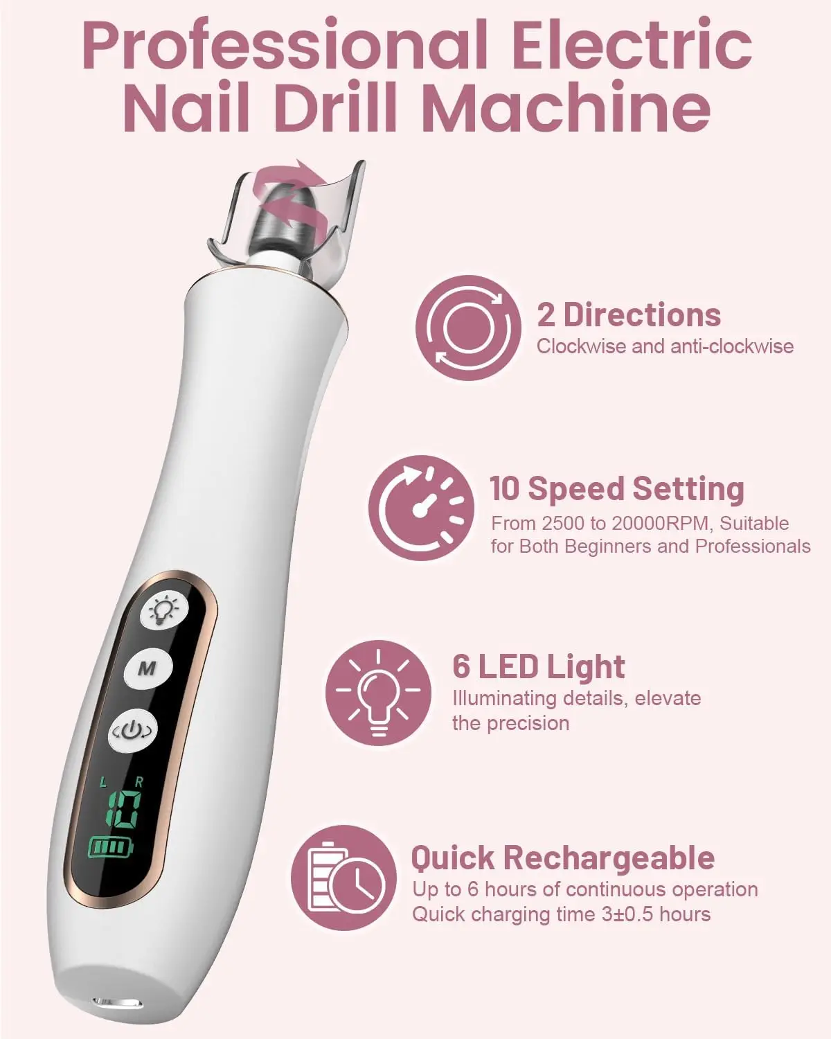 Professionele manicure-pedicureset, draadloze elektrische nagelvijlset, 10-snelheden draagbaar oplaadbaar pedicuregereedschap voor voeten