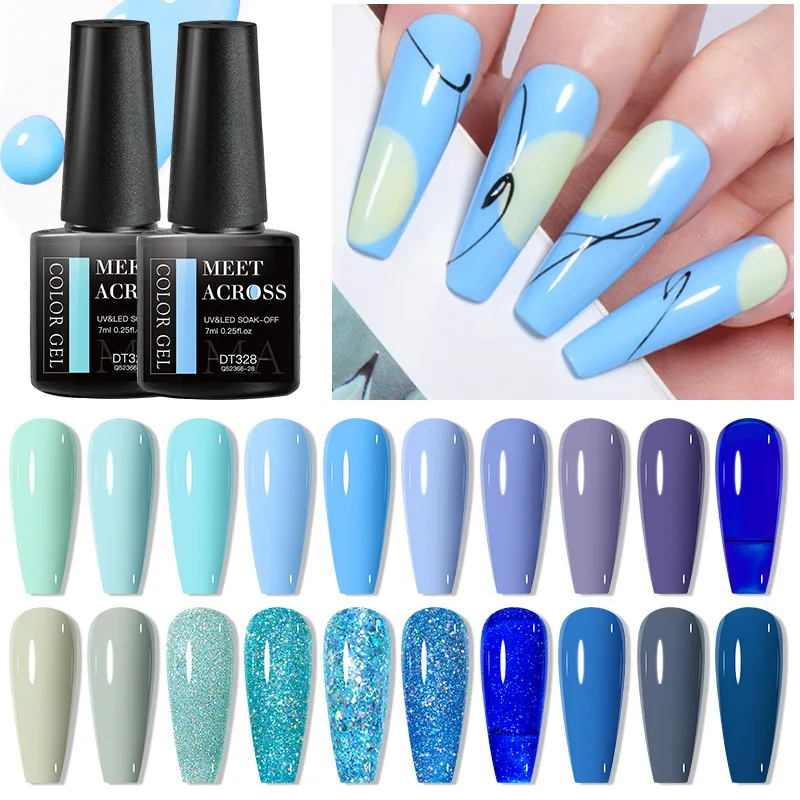 MEET ACROSS 7ml Blue Purple Series Gel Nail Polish White Nude Pink Nail Gel Uv Led Lamp Semi-permanent Soak Off Gel Nail Varnish