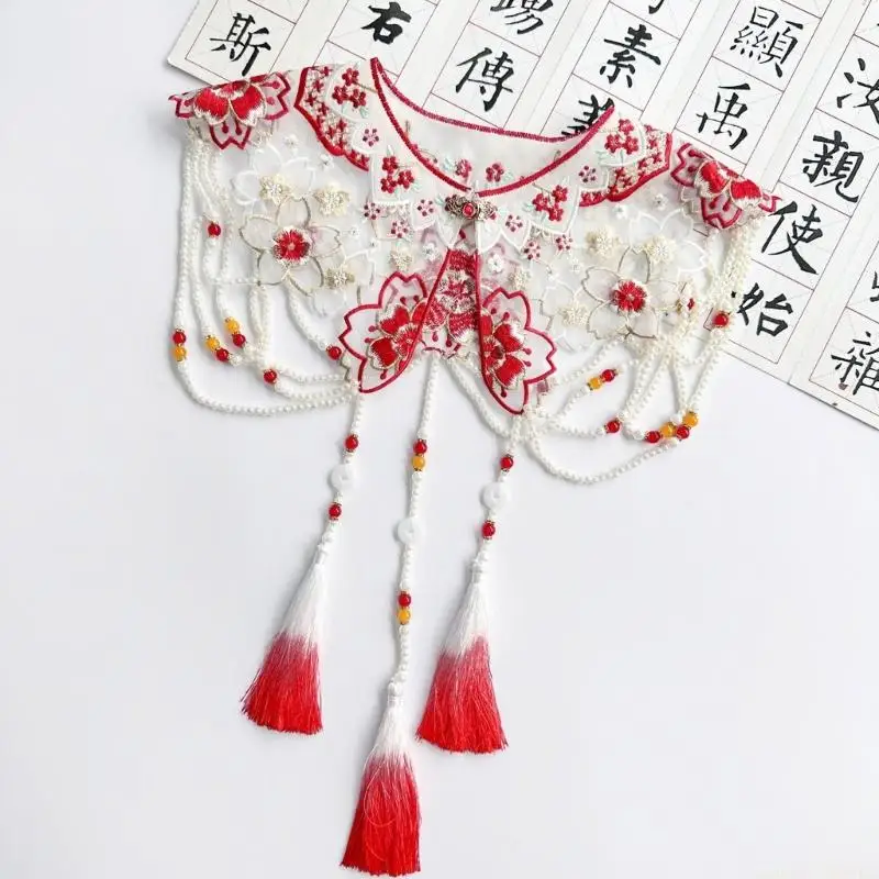 31BF Embroidery Flower Neckpiece Horse Face Skirt Collar With Tassels for Theme Event