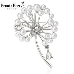 Beaut&Berry Classic Rhinestone Dandelion Brooches for Women Pearl Plant Pins Casual Party Accessories Gifts Friends Decoration