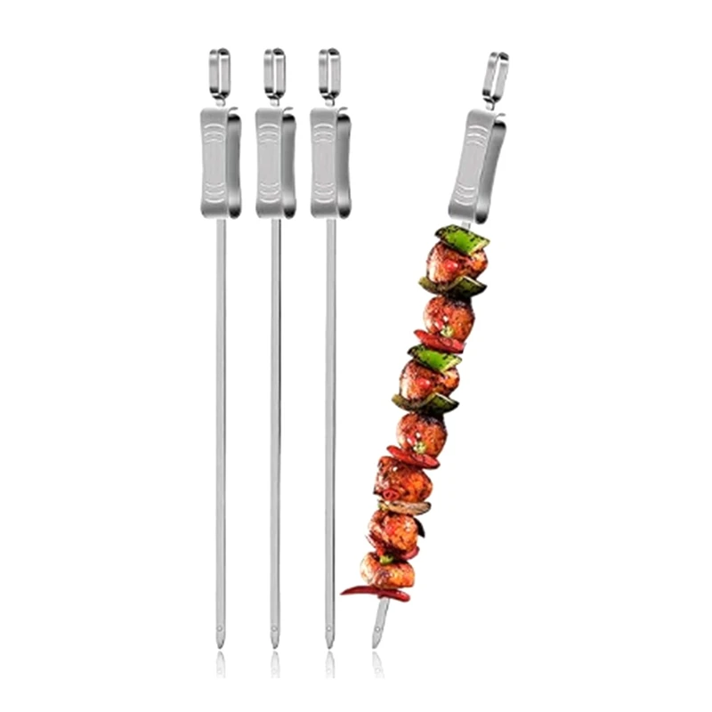 Stainless Steel Kabob Skewers For Grilling, 16-Inch Metal Skewers With Slider For Safe & Easy BBQ, 4-Piece Durable