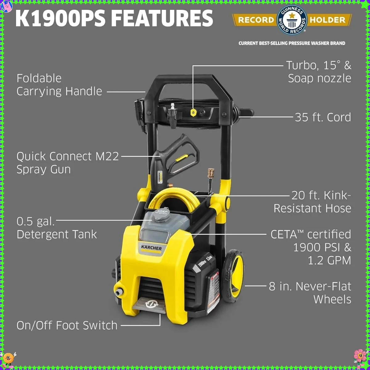 غسالة ريشر K1900PS، 3 فوهات رش، خزان منظف، للسيارات والممرات والانزلاق والباحات، 1.2 جالون في الدقيقة