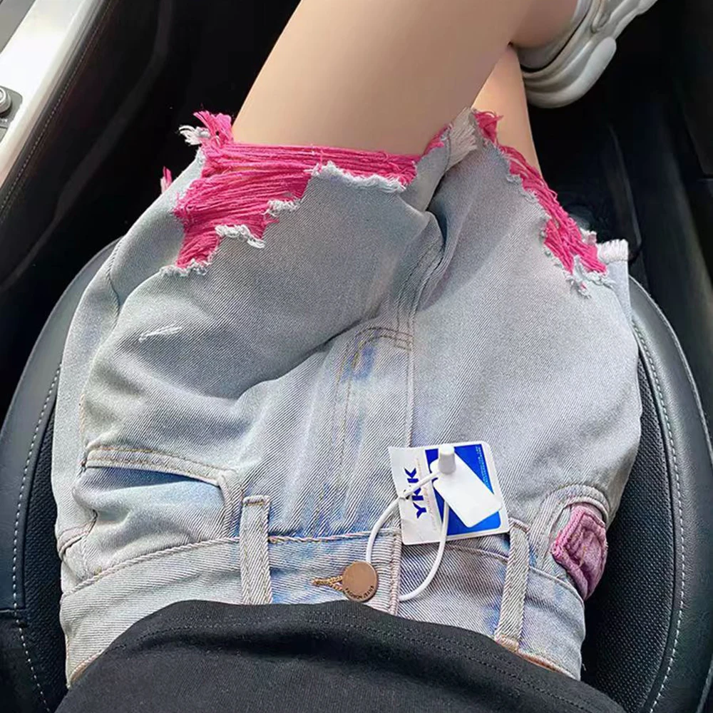 Women High Waist Denim Shorts Summer Contrast Color Pink Ripped Frayed Tassels Hem Shorts Light Washed Distressed Hot Pants Y2K