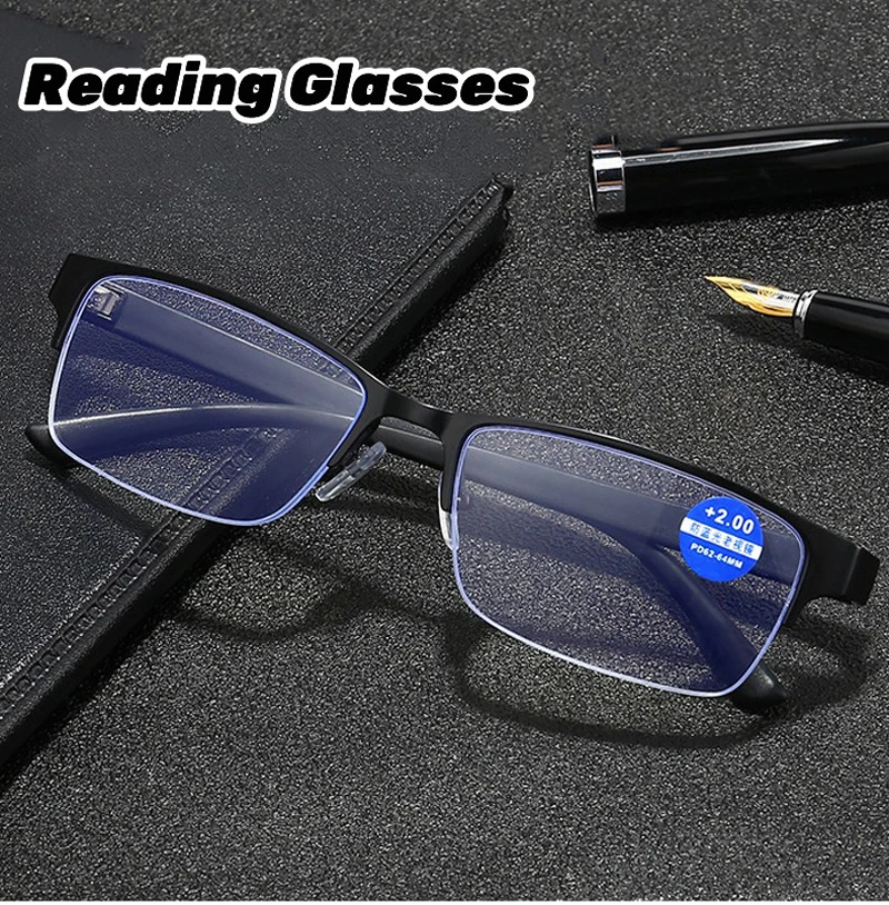 

Business Metal Half Frame Reading Glasses Unisex Anti-blue Light Presbyopic Eyeglasses Finished Optical Eyewear Diopter 0 To+4.0