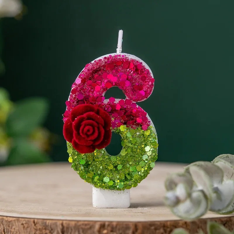 Pink green birthday candles, red rose colored digital cake decoration, suitable for women's floral themes