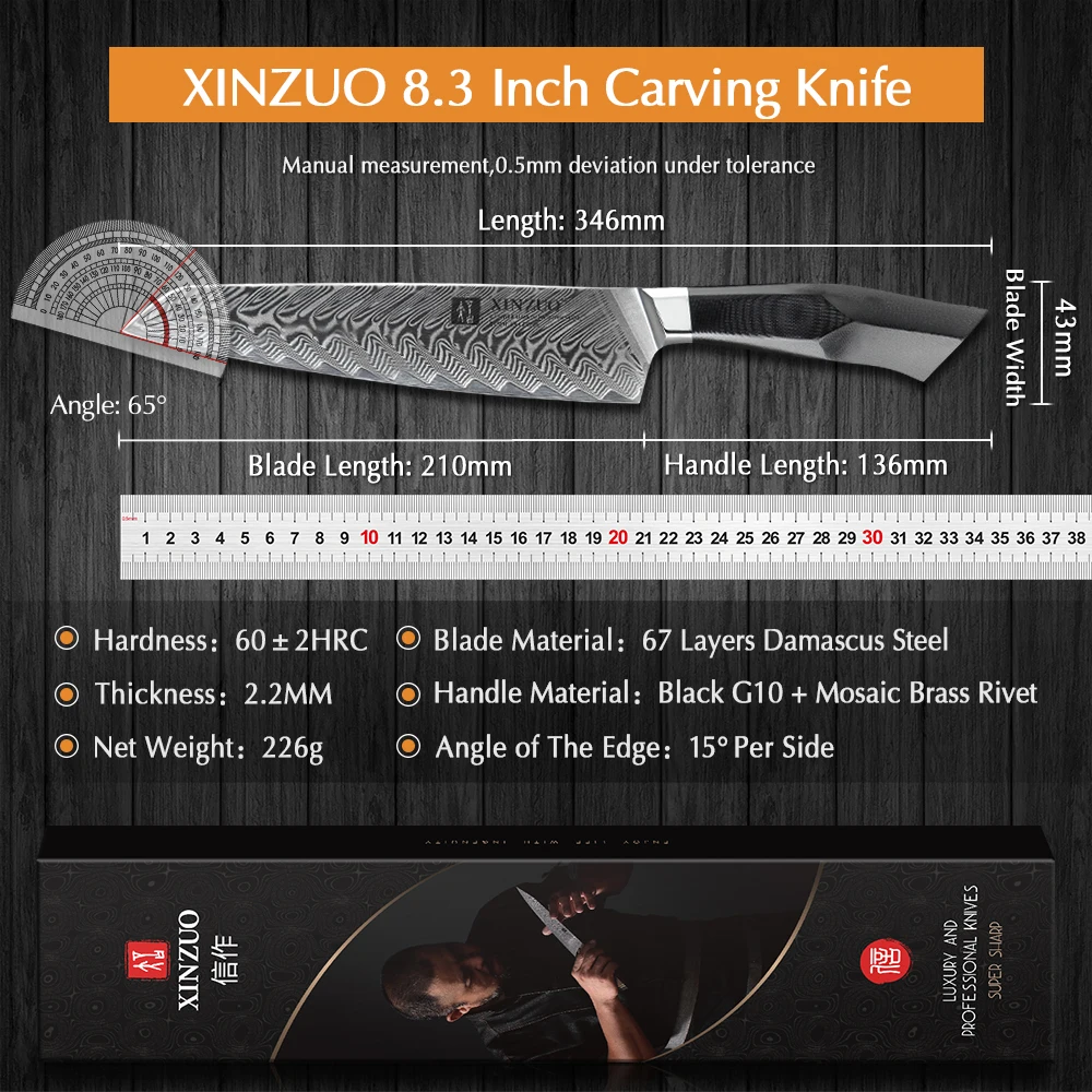 XINZUO 8.3\'\' inch Carving Knife VG10 Damascus Steel Kitchen Slicing Knife with G10 Handle Best Gift Knives Cleaver Cook Tools