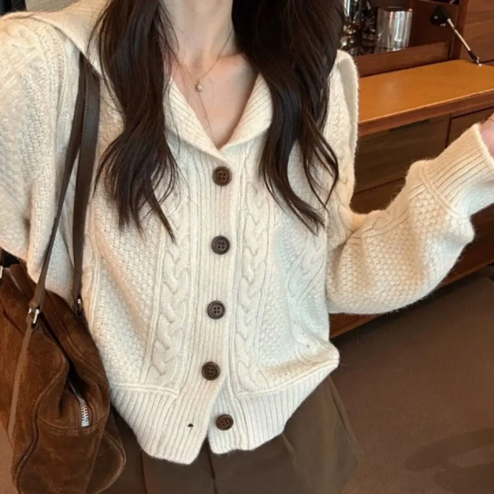 الوجه طوق شبكة سترة كروشيه كم طويل فضفاض بالأزرار النساء Y2K Preppy نمط السيدات بلايز العجين المقلي التقلبات سترة فتاة #5