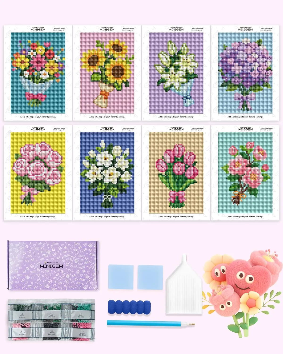 

Наборы для алмазной вышивки Forever Young Minigem Diamond Art Flowers Kits для начинающих, 8 шт., наборы для алмазной вышивки с квадратными стразами для взрослых.