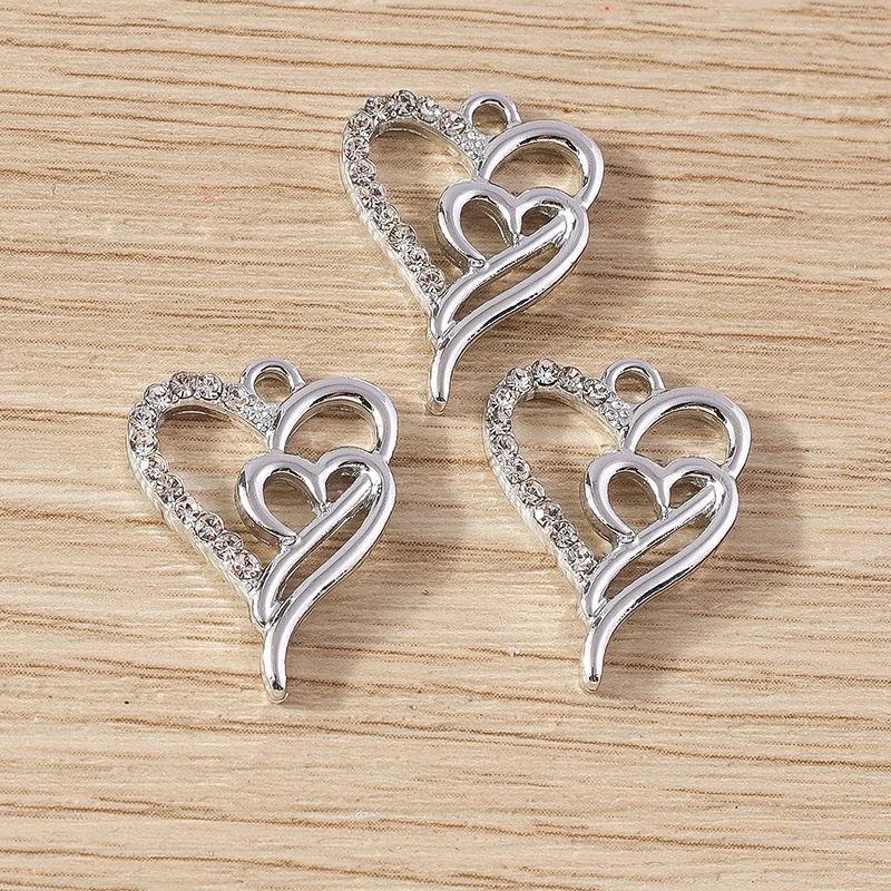 Tusember 10 Stück exquisite silberfarbene Kristall-Liebesherz-Charms für die Schmuckherstellung, modische Ohrringe, Halsketten, DIY-Anhänger – Detail 32