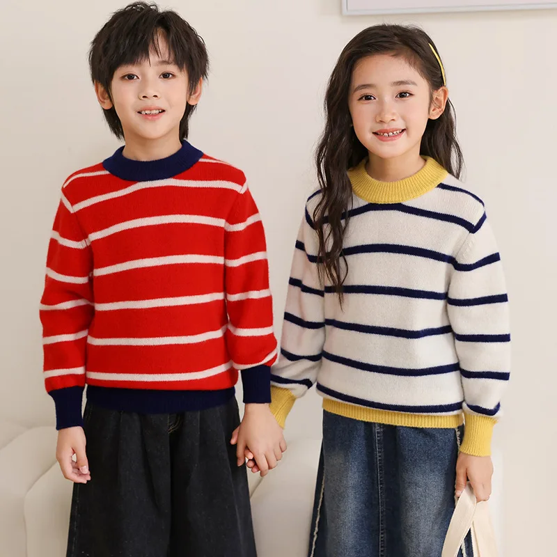 Double-Strand Thickened Wool Children's Same Pullover Autumn and Winter New Contrast Color Striped Long Sleeve Pullover