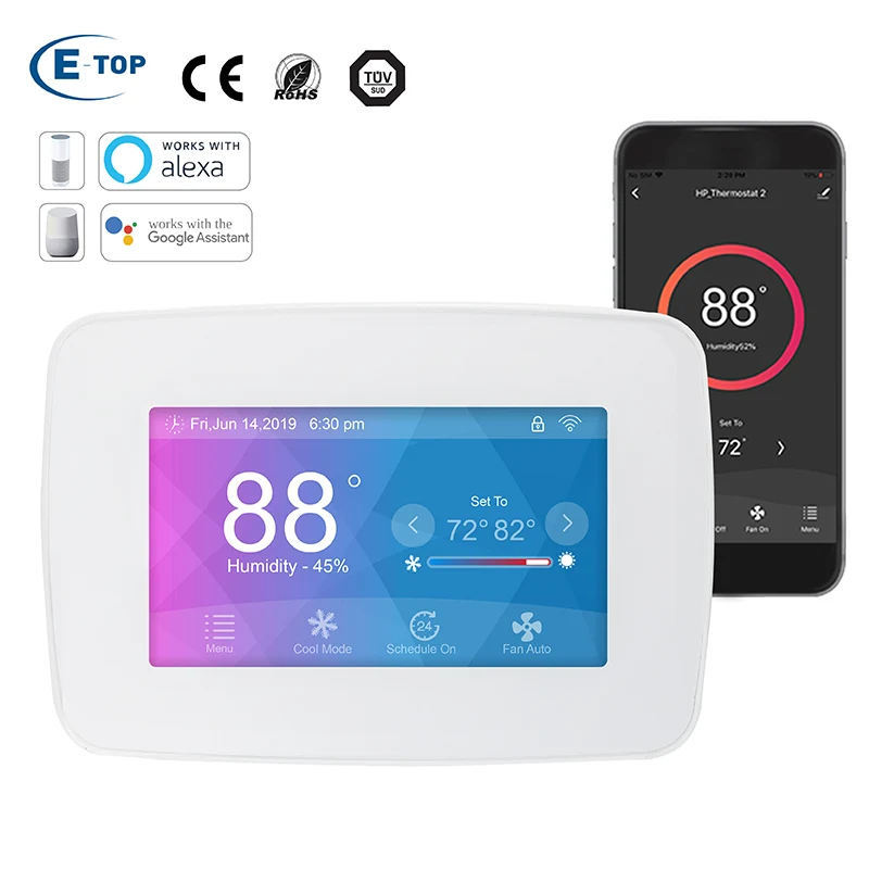 Modern 24V Smart WiFi Touch Thermostat for Water Heating Systems and HVAC for Apartment Heat Pump Systems