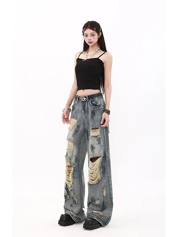 Retro American Desert Style Splashed Ink Design Hole Denim Pants Women's Loose Wide Leg Floor-Length Trousers Spring New