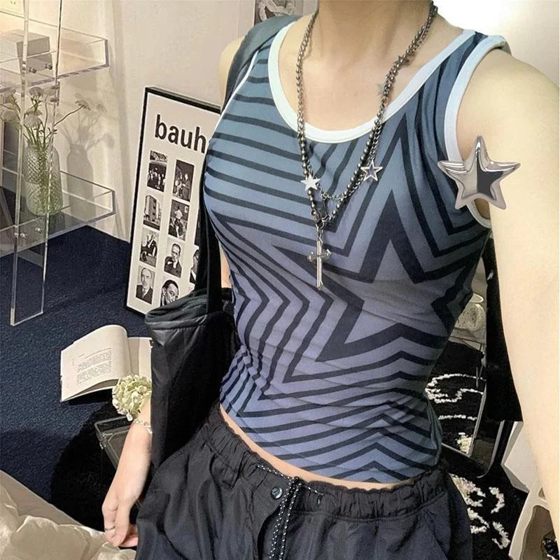 

Летний женский топ Y2K в стиле ретро Harajuku с пикантным принтом «пятиконечная звезда» в американском стиле, облегающий женский топ без рукавов с круглым вырезом