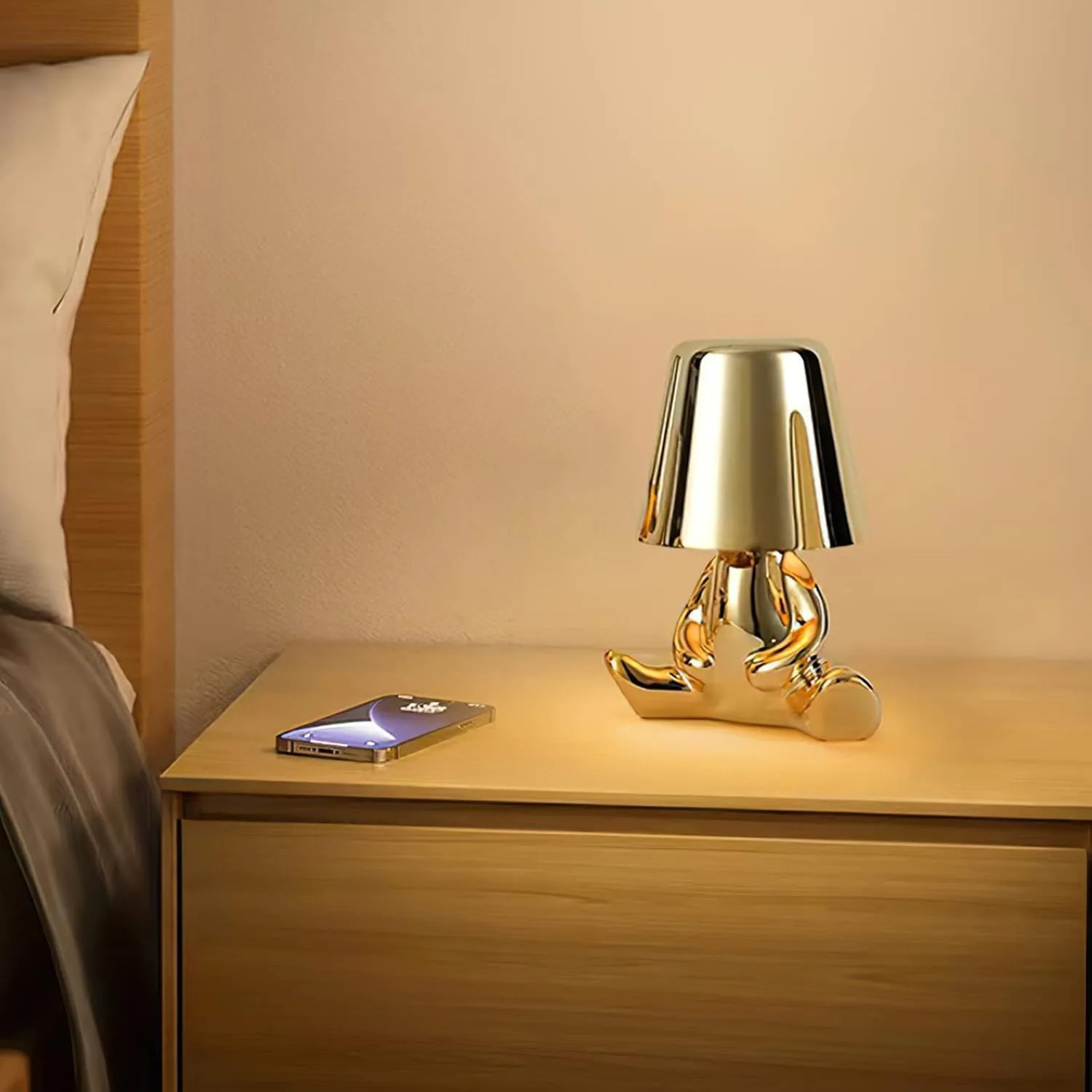 Bedside Touch Control Table Lamp, Creative Little Silver Man Decorative Thinker Statue LED Desk Lamp, USB Charging 3 Level Brigh